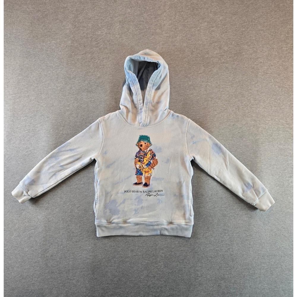 Polo Ralph Lauren Polo Bear Hoodie Kids Size 7 Blue White Tie Dye Pullover